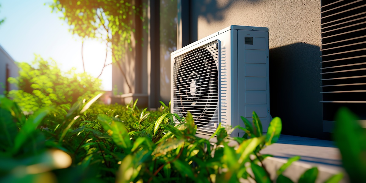 Wärmepumpe außen am Haus mit Sonnenschein im Hintergrund