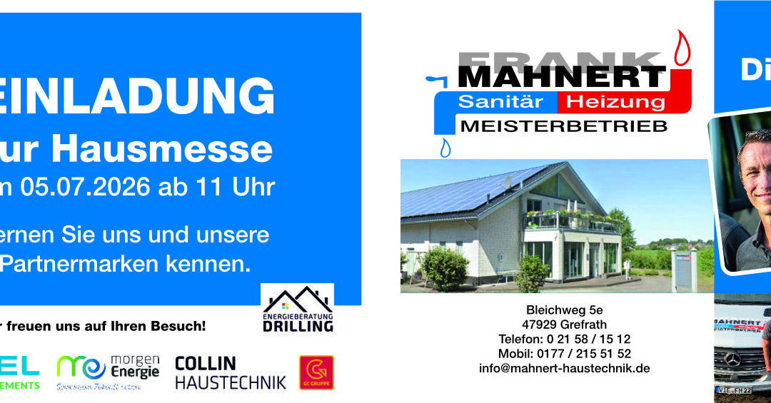 Ein Blick in die Zukunft von Heizung, Bad und Energie: Tag der offenen Tür und Hausmesse bei Mahnert Haustechnik am Sonntag, 5. Juli 2026 ab 11 Uhr